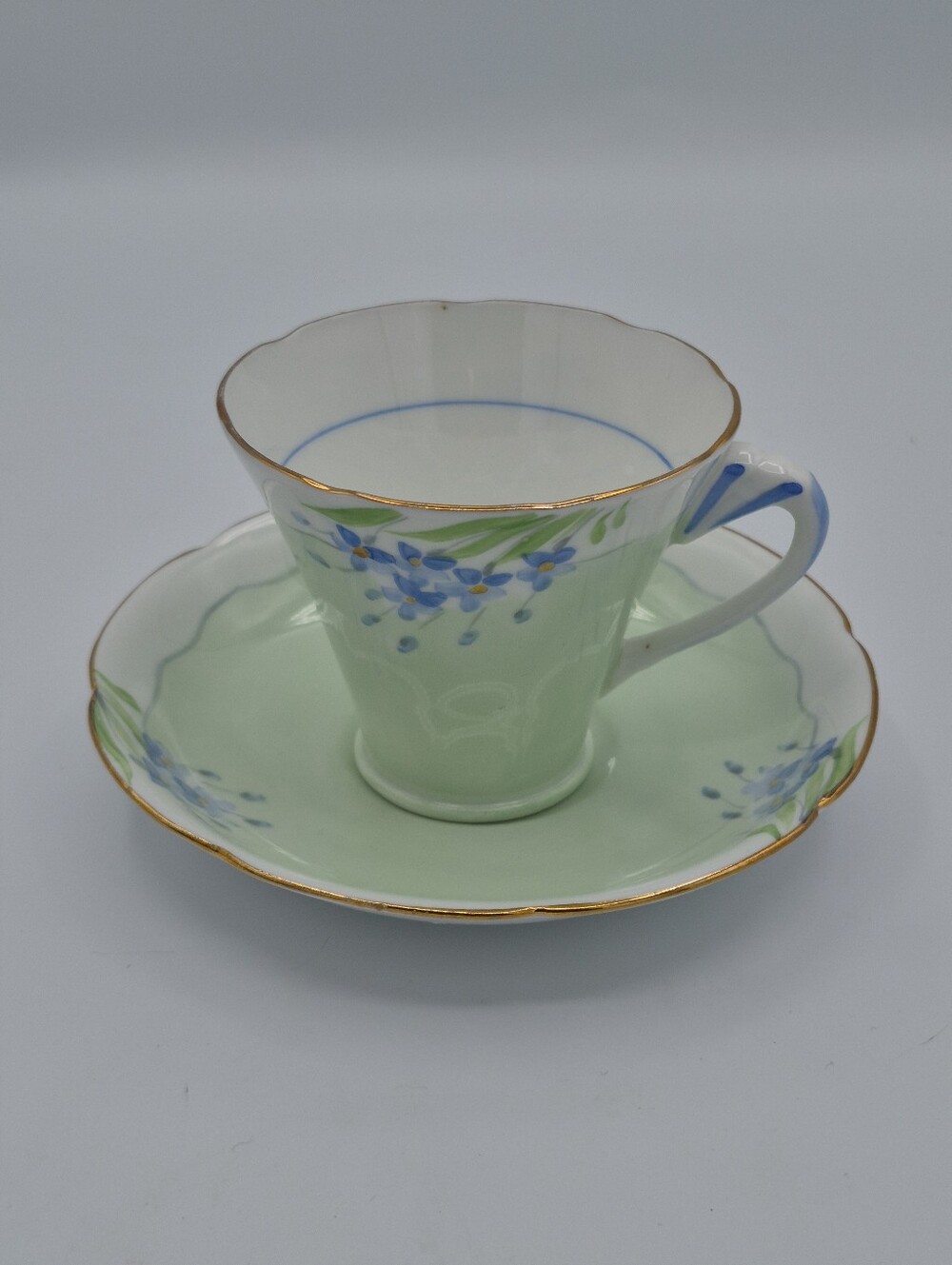 Royal Grafton Bone China Green W Blue Floral Teacup and Saucer with Gold Trim